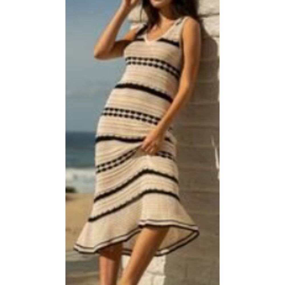 Joie Striped Knit Sleeveless Midi Dress Ivory Black Size Small